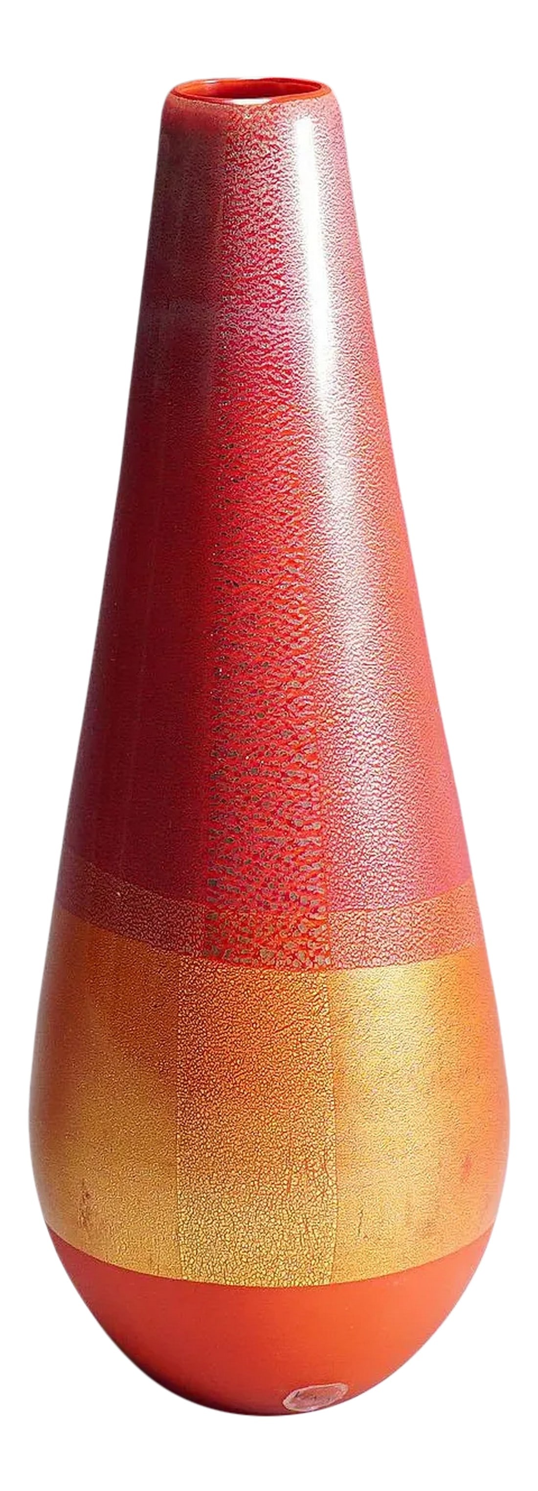 Venini Art Glass Vase of the "Quarzi" Series, Murano 2004: Venini Art Glass Vase of the 'Quarzi' Series, Murano 2004 A large vase of the 'Quarzi' series by Venini, Murano 2004. Coral red glass with superimposed decoration in gold and silver leave and a satina