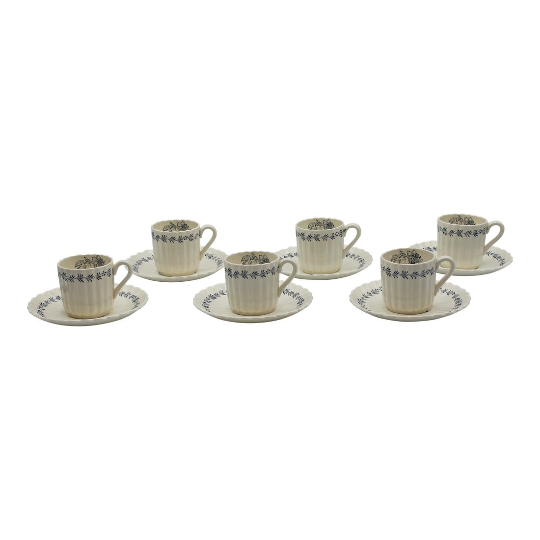 Mid-20th Century Set of 6 Demitasse Cups & Saucers: Mid-20th century set of 6 demitasse cups & saucers. "Victoria" pattern by Copeland Spode. 1939-65 period. Overall: 4/75" x 2 3/8" Condition: Alterations: Original Condition Unaltered Imperfections: