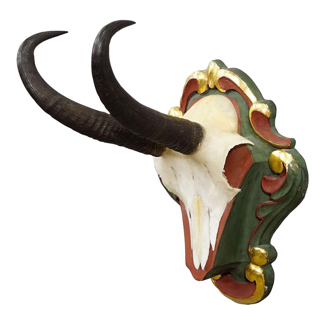 Vintage Chamois Trophy on Carved Plaque, Germany 1960s: Vintage Chamois Trophy on Carved Plaque, Germany 1960s A vintage chamois (Rupicapra rupicapra) trophy mounted on a wooden carved plaque. The plate is decorated in dark green, reddish brown, and gold.