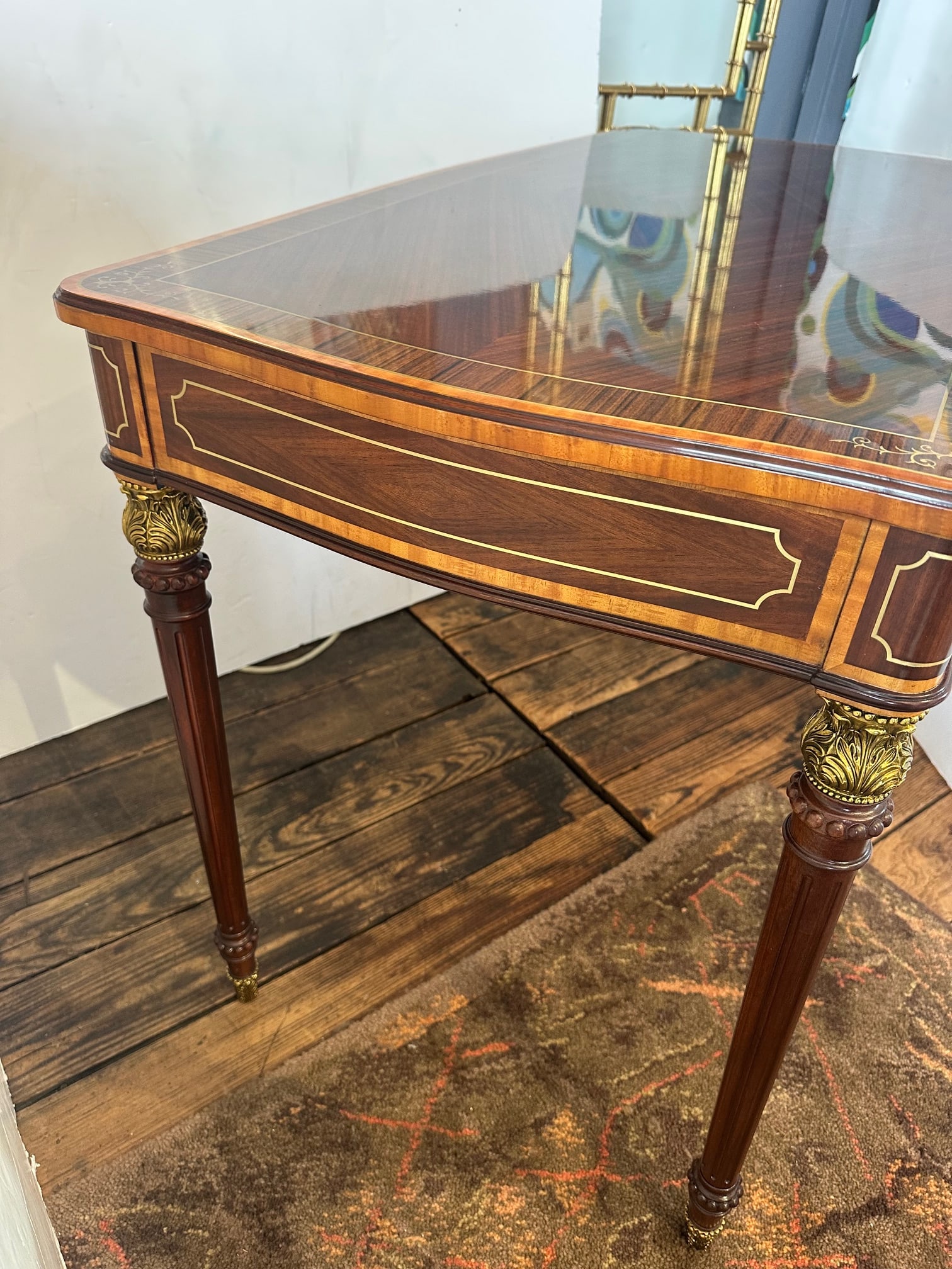 Theodore Alexander Mahogany Desk With Cast Brass Accents and Two Drawers - 7