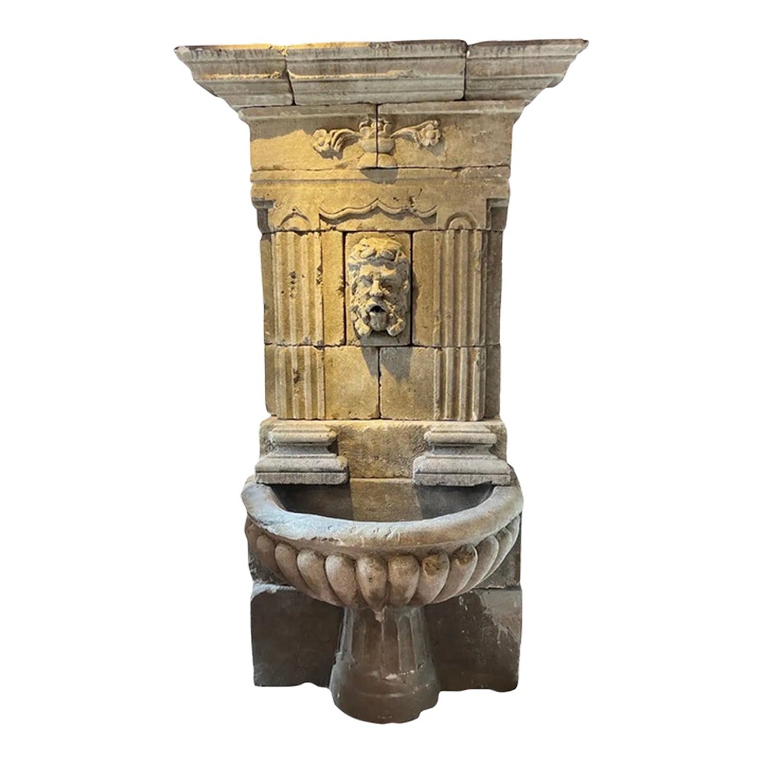 Fabulous 18th-19th Century French Carved Stone Fountain With Poseidon Bust: Incredible 18th-19th century hand carved limestone fountain depicting a bust of Poseidon, complete with coral in his hair. Found in the south of France, this hand carved fountain breaks down in to 8