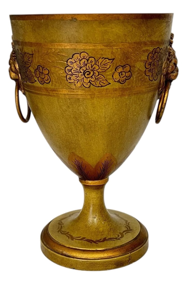 Vintage Mottahedeh Design Made in France Trophy Cache Pot With Lions Head Knockers.: Vintage Mottahedeh cache pot in pale olive green with hand painted gilt design. Made in France. Circa: 1950s - 1960s. Measures 5.25" diameter x 8.5" h. Condition: Alterations: Original Condition