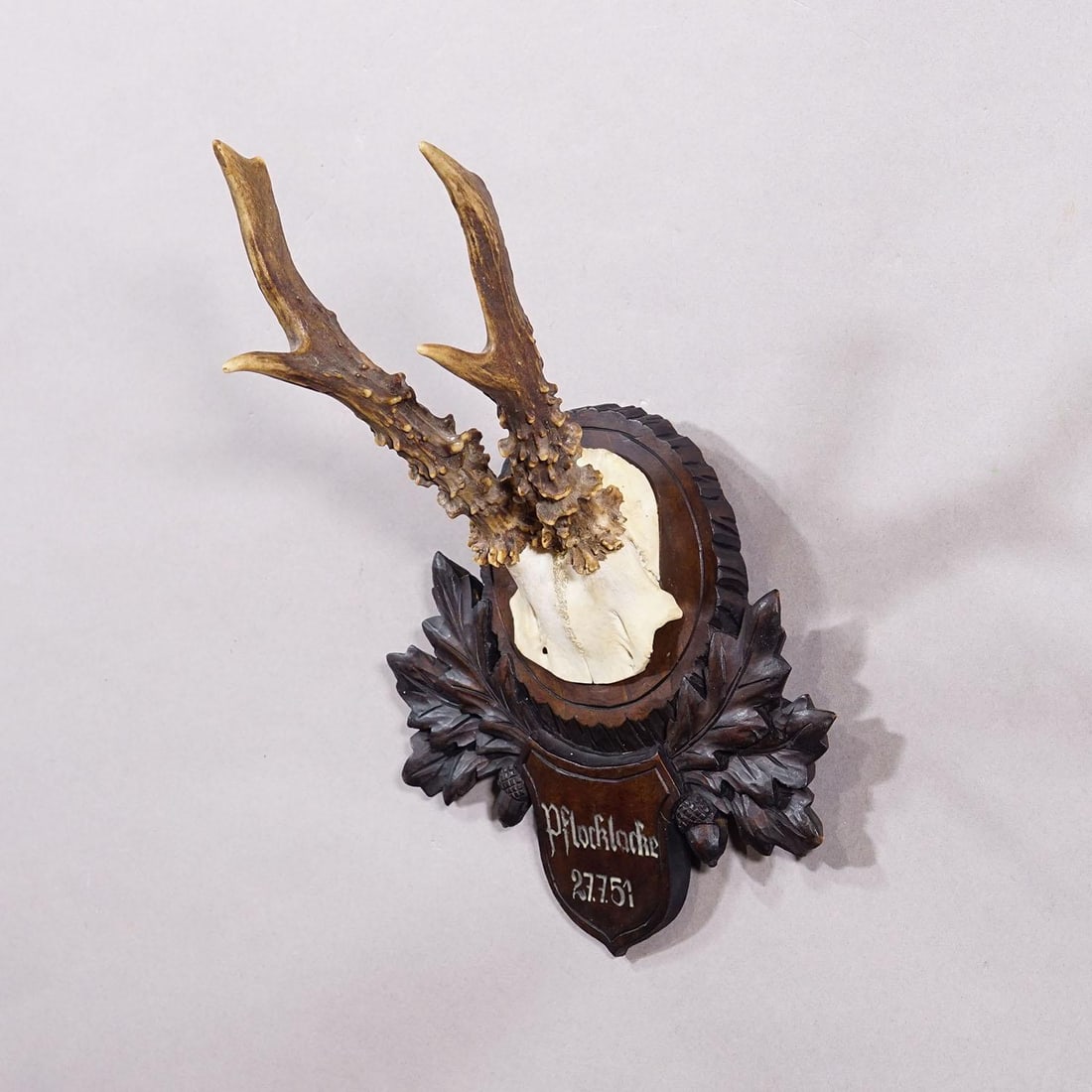 Vintage Black Forest Red Deer Trophy on Carved Plaque - Germany 1951 - 2