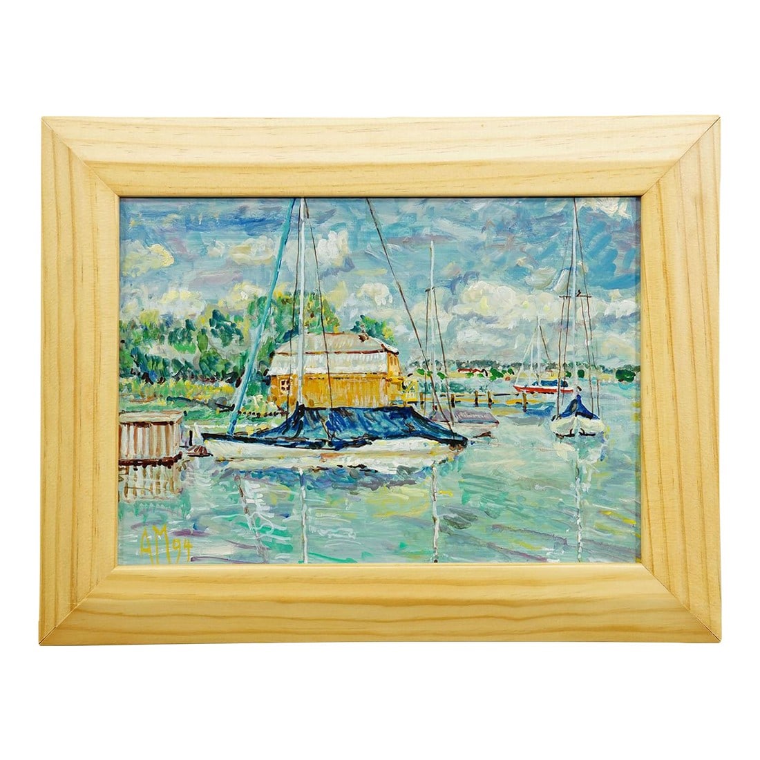 Oil Painting by Alexander Michael - Boathouse, Lake Chiemsee, 1994: Oil Painting by Alexander Michael - Boathouse, Lake Chiemsee, 1994 The painting 'Boathouse, Lake Chiemsee' from 1994 depicts a lively harbor scene on Lake Chiemsee, Bavaria. Using a loose, textured