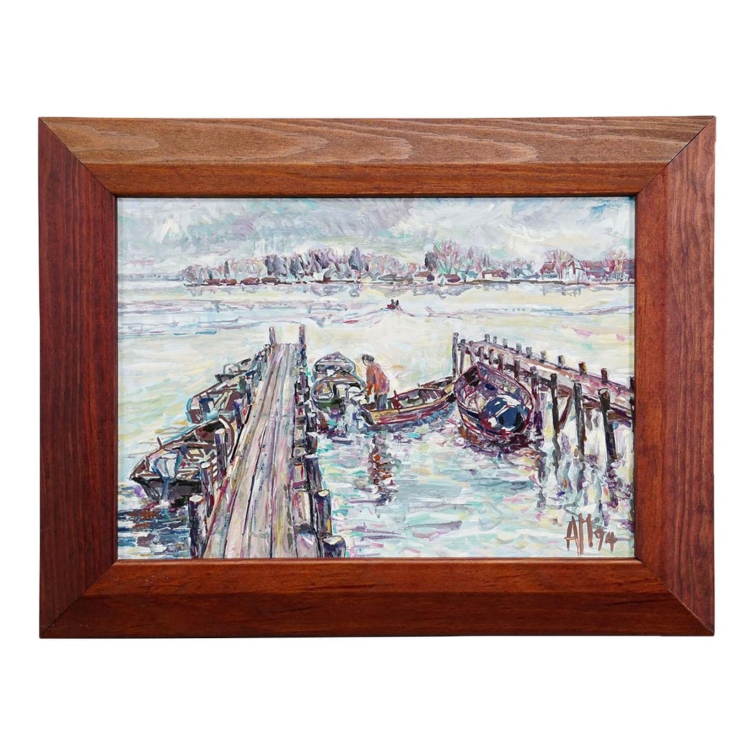 Oil Painting by Alexander Michael - 'Return to the Island', Lake Chiemsee: Oil Painting by Alexander Michael - 'Return to the Island', Lake Chiemsee The painting 'Return to the Island' from 1994 depicts a harbor scene on Lake Chiemsee, capturing a fleeting moment of arrival
