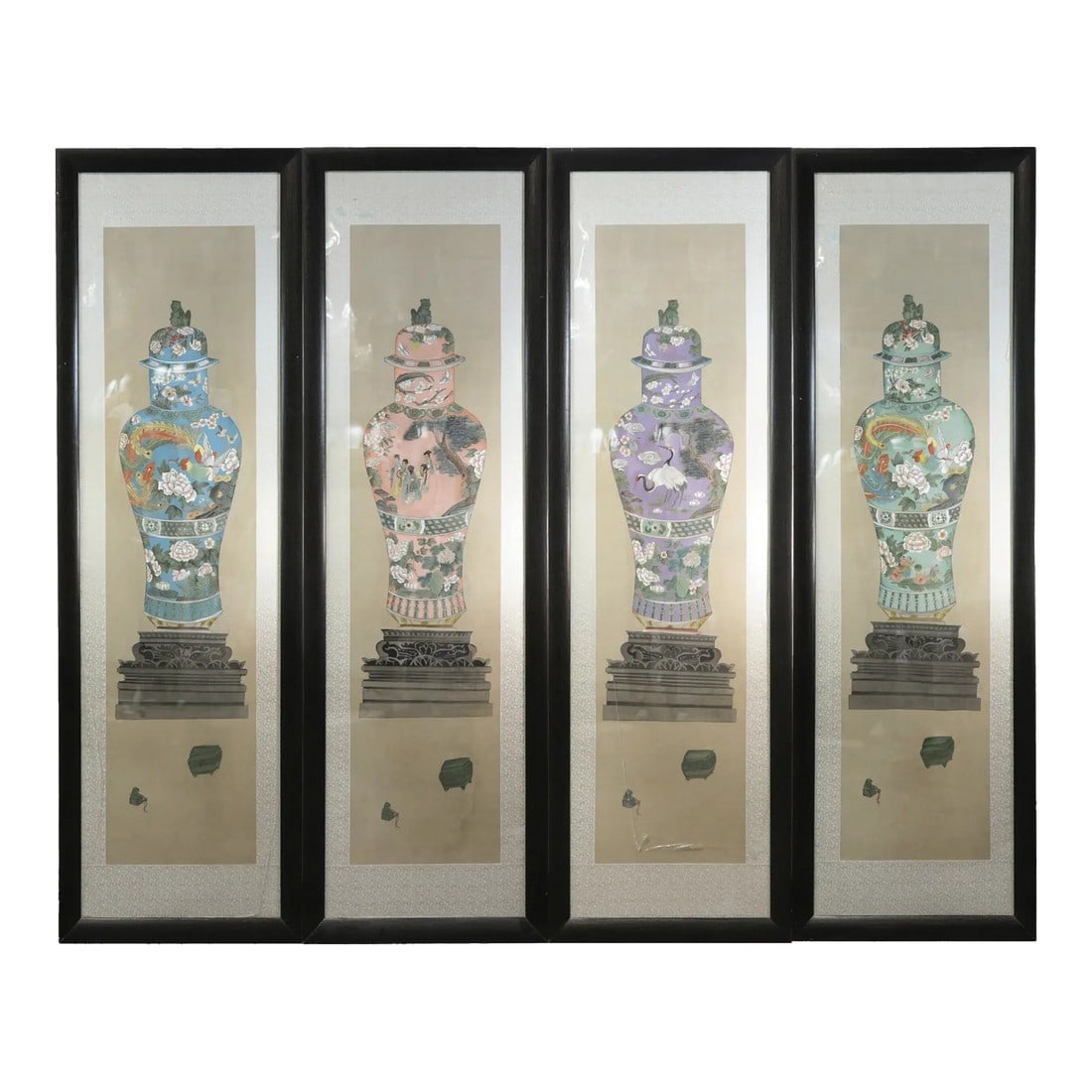 Set of Framed Four Chinese Paintings of Vases Hand-Painted Decorative Wall Art: Set of four Chinese paintings, each depicting a large lidded vase with intricate floral and figural designs in rich pastel tones. Presented in black frames with silk matting. The four panels can be