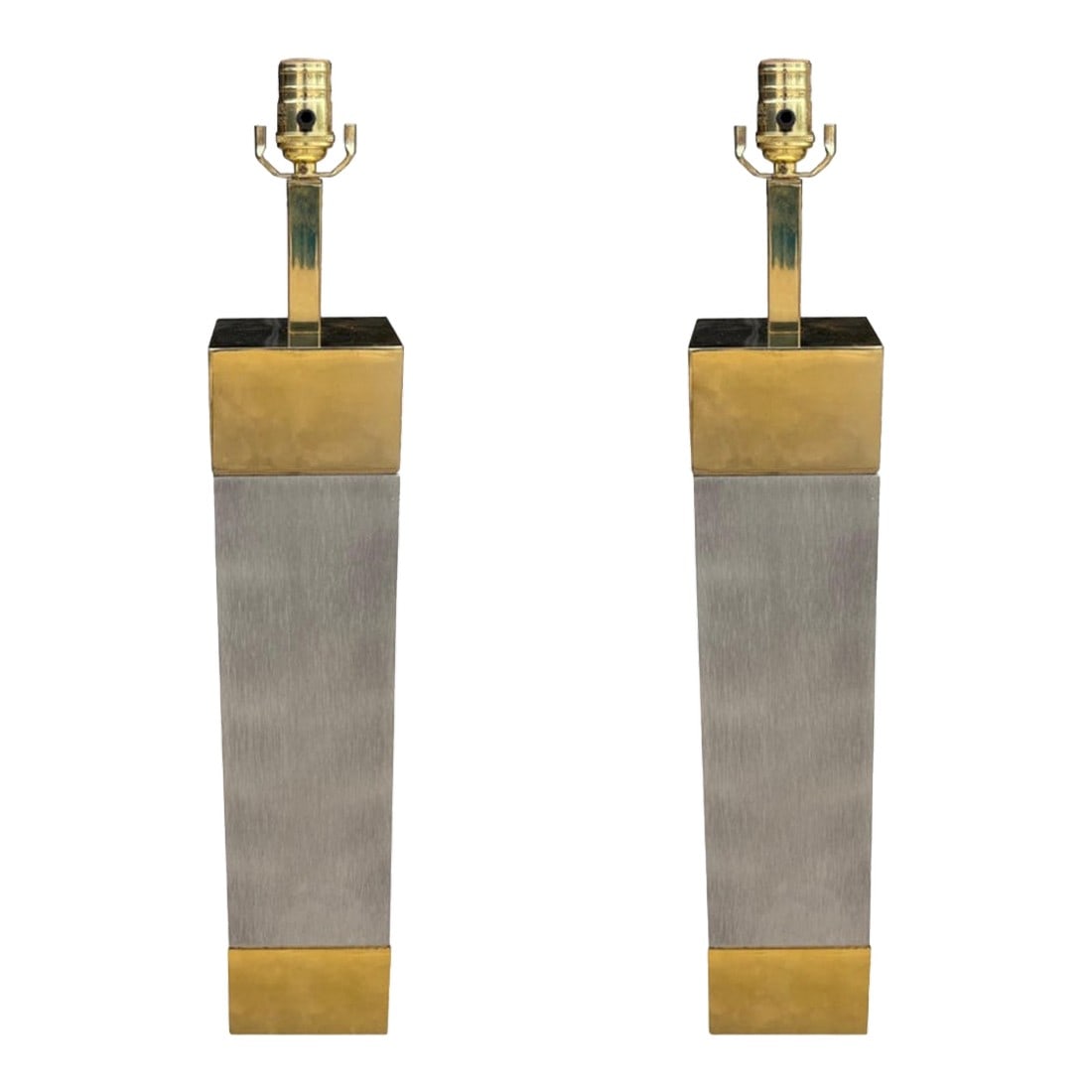 1980s Frederick Cooper Stainless Steel and Brass Lamps - a Pair: Pair Of Frederick Cooper Stainless Steel And Brass Lamps. Offered is a large pair of Post-Modern table lamps with brushed stainless steel columns accented with polished brass tops and bottoms. This