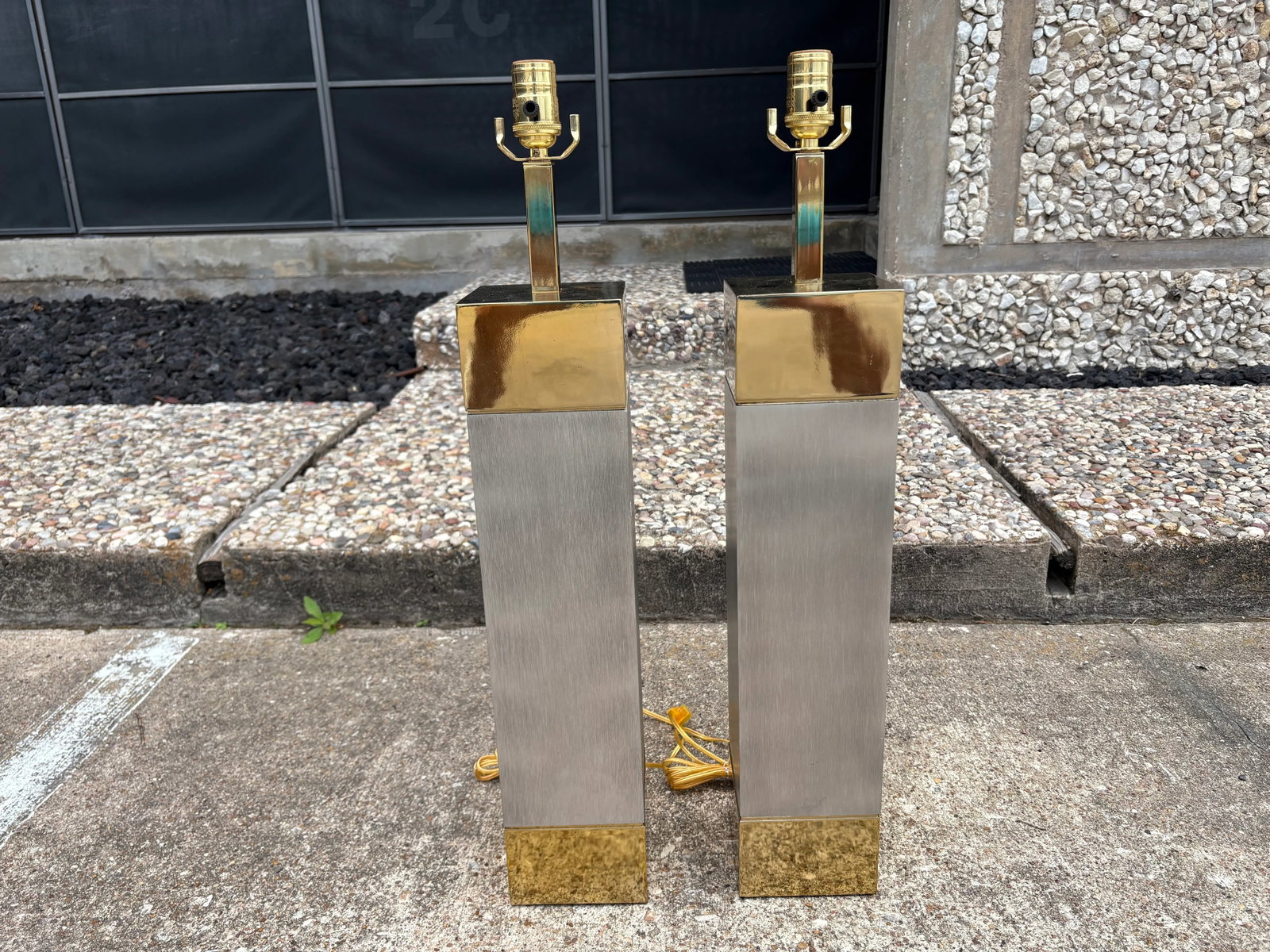 1980s Frederick Cooper Stainless Steel and Brass Lamps - a Pair - 2