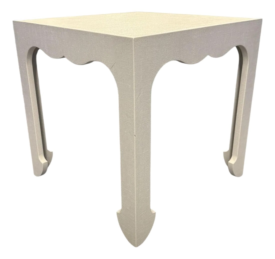 Lee Jofa for Kravet Oliver Linen Wrapped Side Table: Linen wrapped white side table. Ming legs and side detailing. Lee Jofa for Kravet. Nice and heavy. Never placed in a home. Condition: Alterations: Original Condition Unaltered Imperfections: Some
