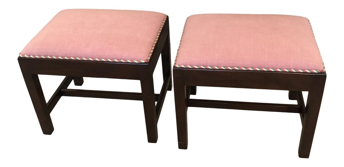 Traditional Parsons Style Mahogany & Upholstered Benches -A Pair (1 of 9)