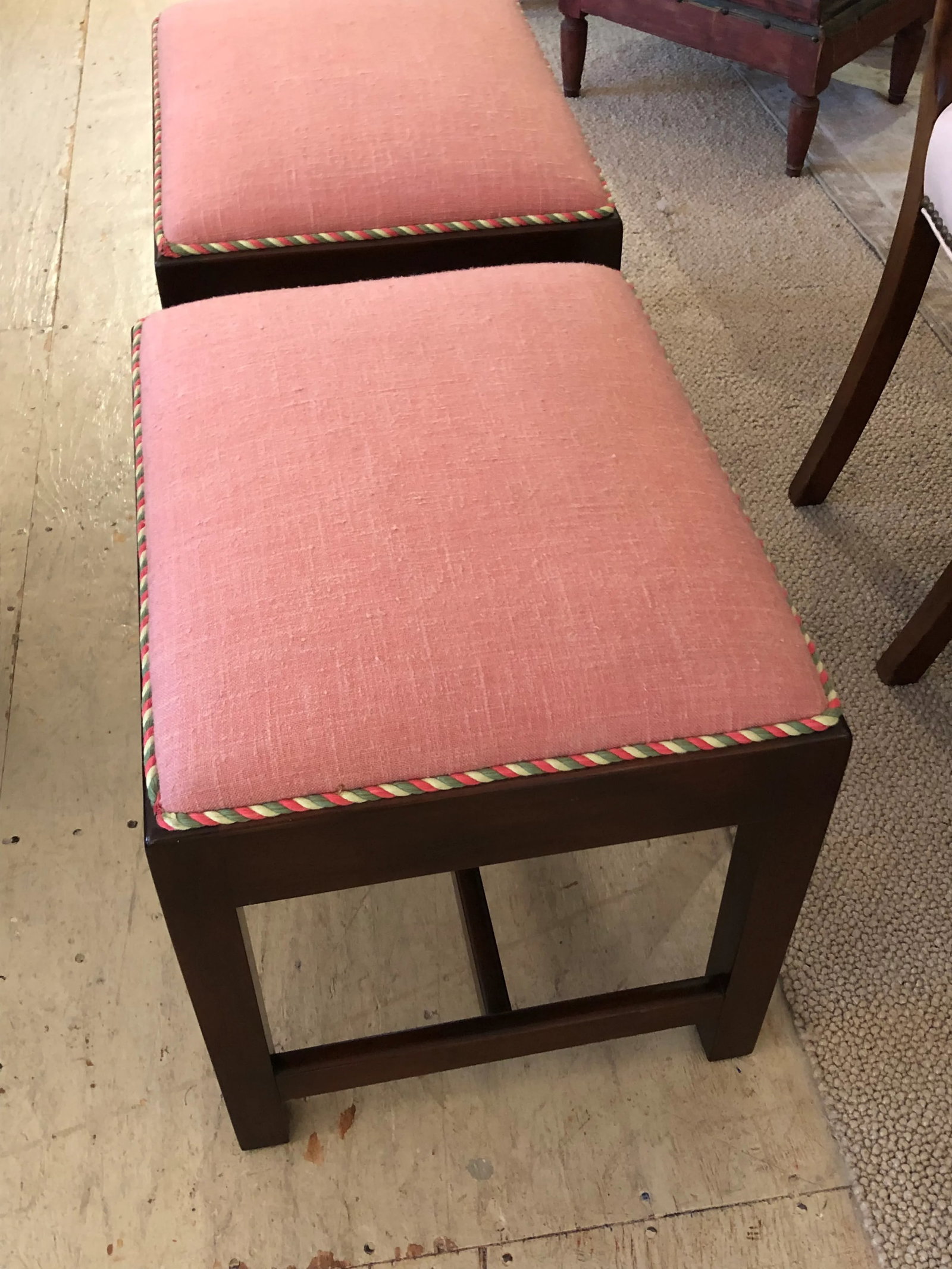 Traditional Parsons Style Mahogany & Upholstered Benches -A Pair - 4