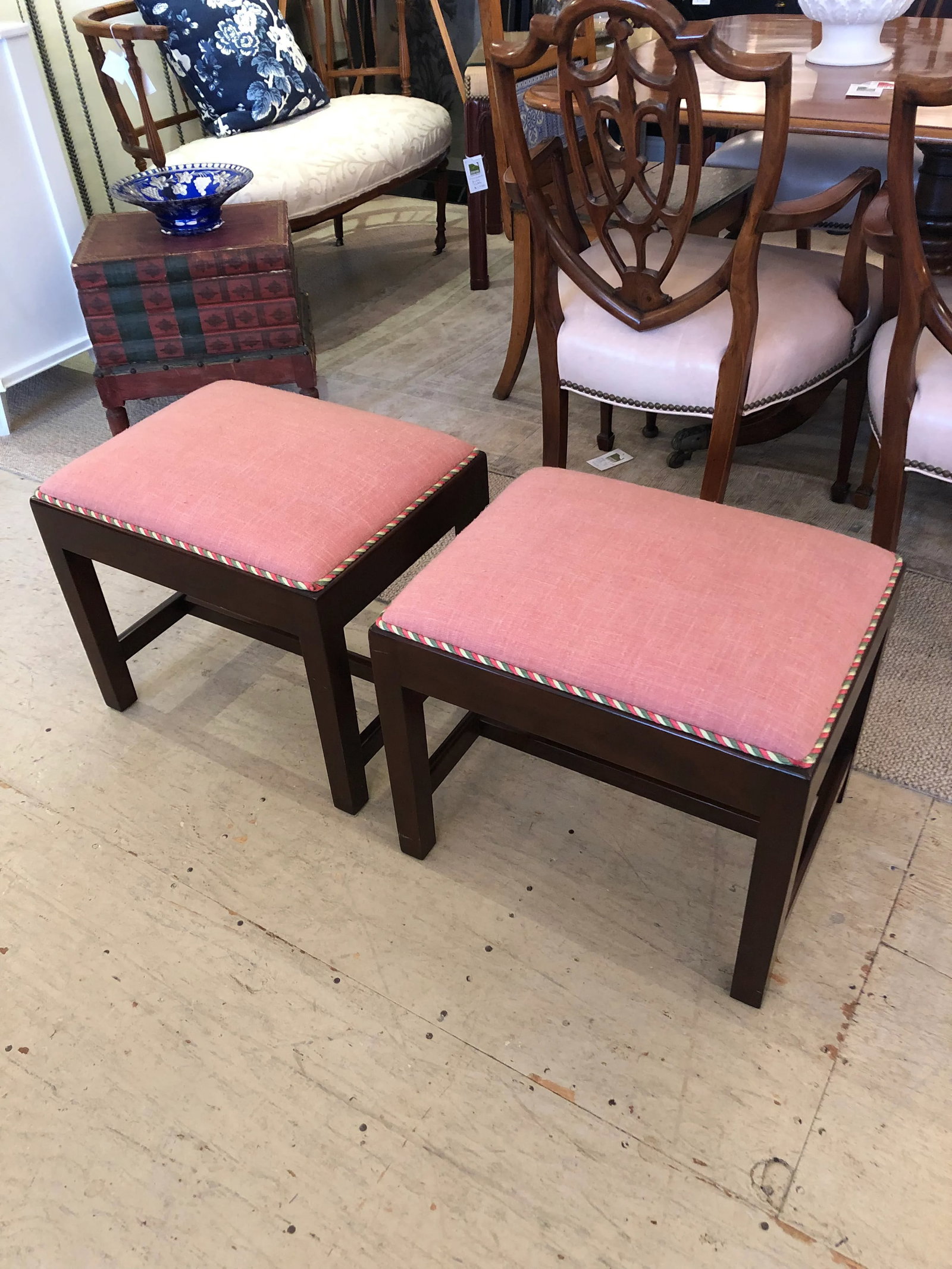 Traditional Parsons Style Mahogany & Upholstered Benches -A Pair - 5