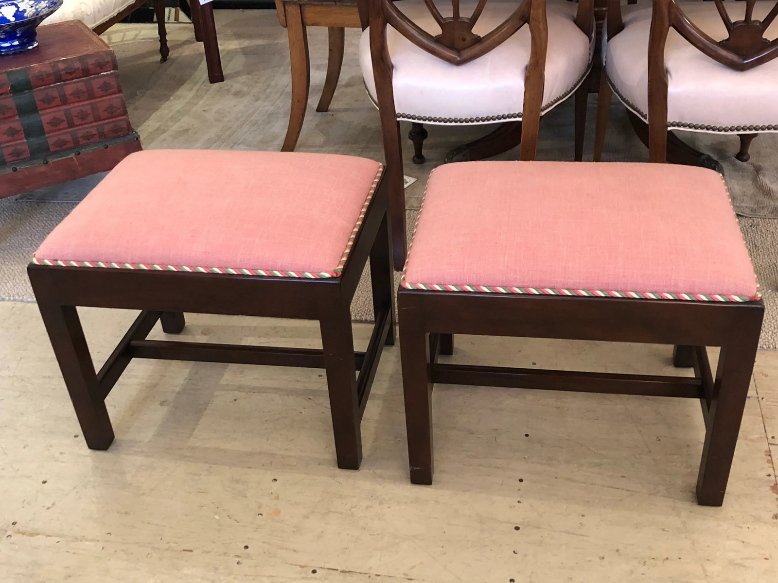 Traditional Parsons Style Mahogany & Upholstered Benches -A Pair - 9