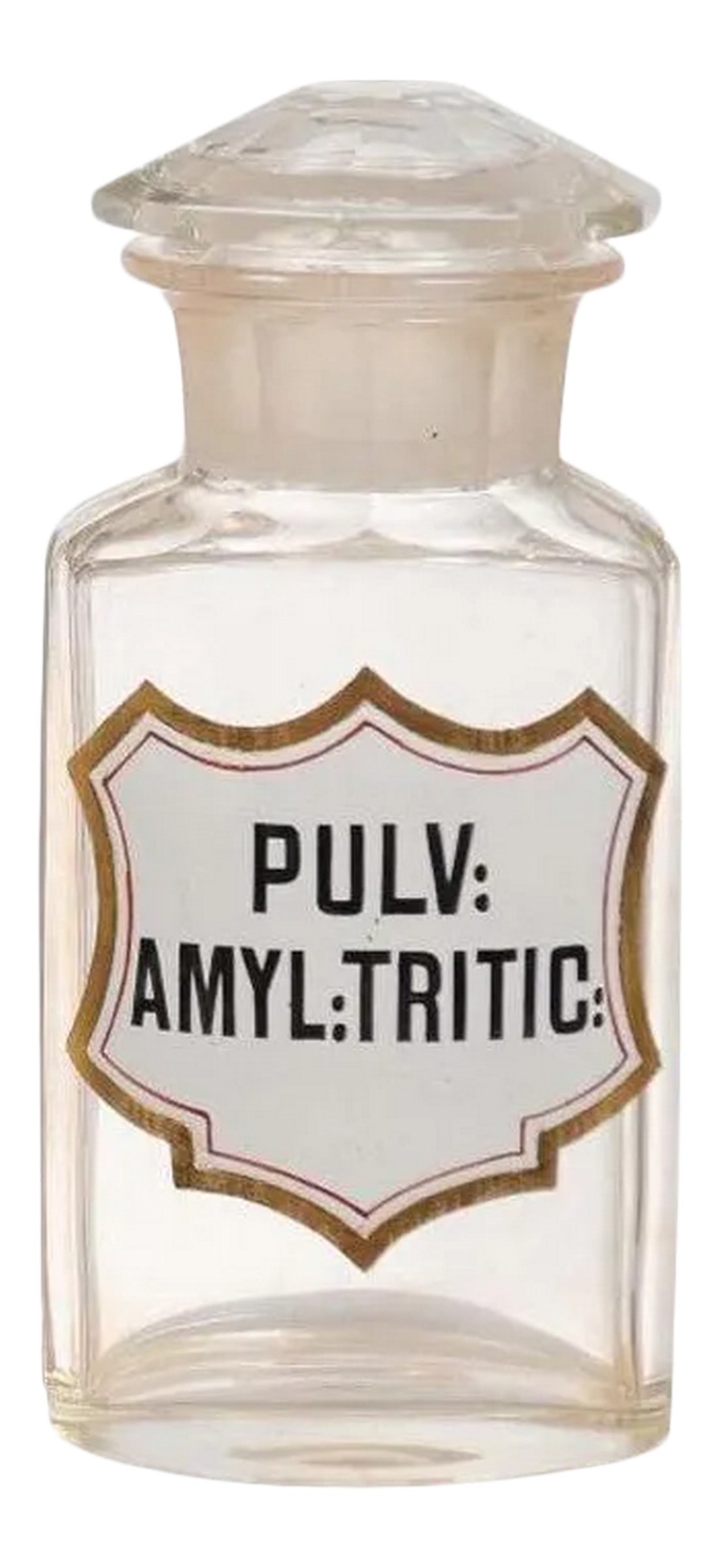 1840s French Louis-Philippe Period Glass Apothecary Jar with Latin Label: French glass apothecary lidded jar from the mid-19th century. Created in France under the reign of king Louis-Philippe, the pharmacy jar (measuring 3.125" W x 3" D x 6.75" H) presents a lid and Latin 