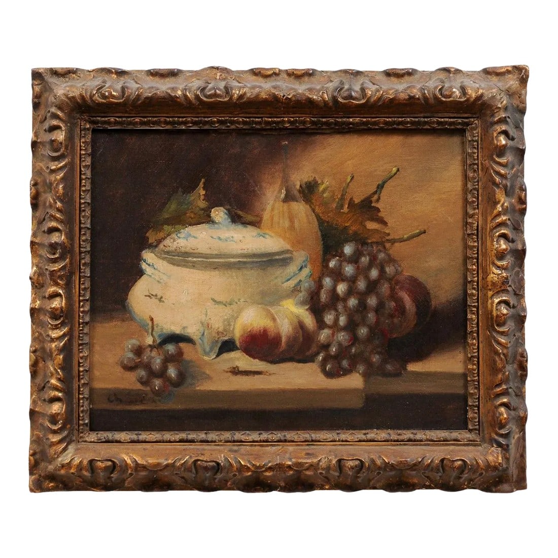19th Century French Still Life Oil Painting, Framed: A French framed signed oil on canvas painting from the 19th century, depicting fruits and porcelain. Created in France during the 19th century, this framed still-life captures our attention with its