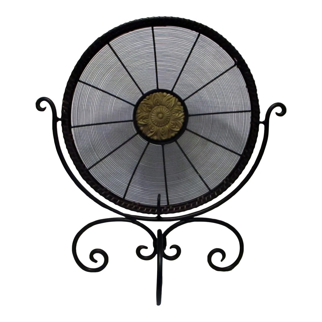 1990s Large Decorative Leather Trimmed Wire Medallion Plate With Wrought Iron Stand: Large Decorative Leather Trimmed Wire Medallion Plate and Wrought Iron Stand Beautiful craftsmanship throughout. Overall the item measures 25.25" H x 24.00" W x 9.00" D. The wire medallion plate