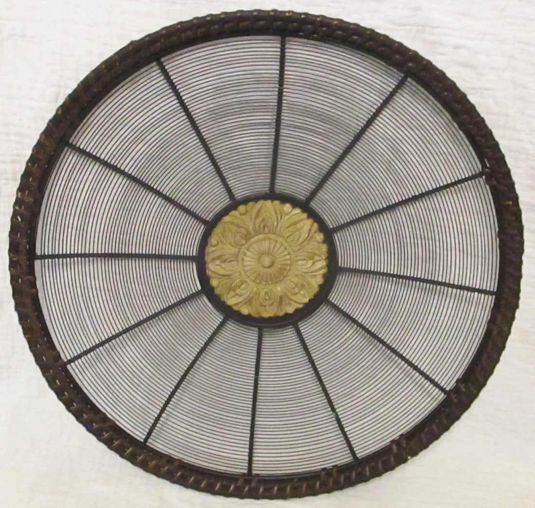 1990s Large Decorative Leather Trimmed Wire Medallion Plate With Wrought Iron Stand - 8