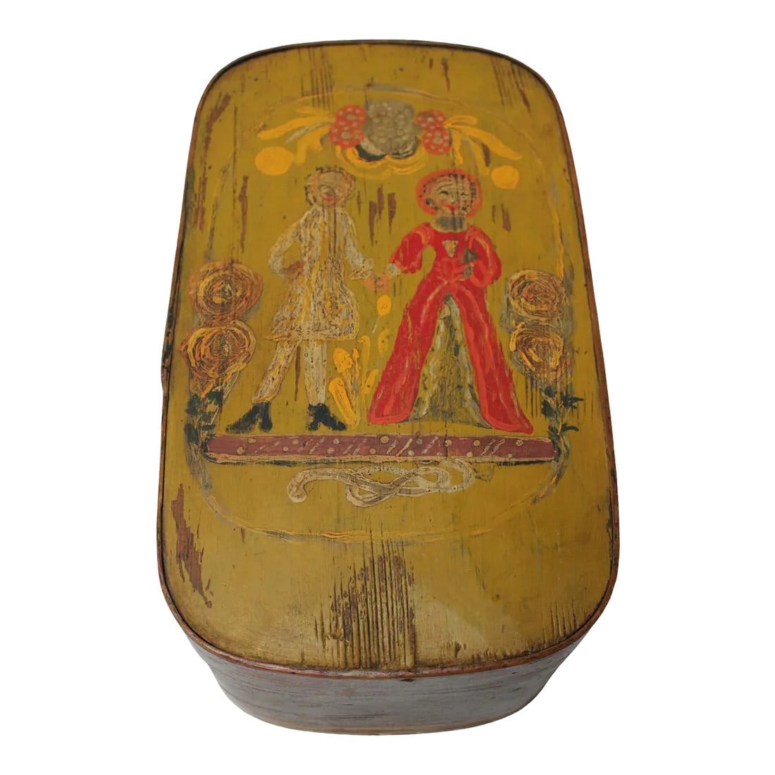 Antique French Storage Box With Hand-Painted Clown Motif: Ca. late 19th Century French oak storage box with hand-painted 'clown' decoration to the top and a floral motif to the bottom component. Attractive color combinations - base coat is ochre with red, ye