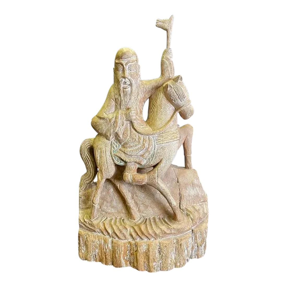1970s Burmese Wood Figure of Man and Horse: Burmese bleached wood figure of man and horse carved from one piece of wood. Clean smooth finish. Has one old age crack. Very solid. Condition: Alterations: Original Condition Unaltered