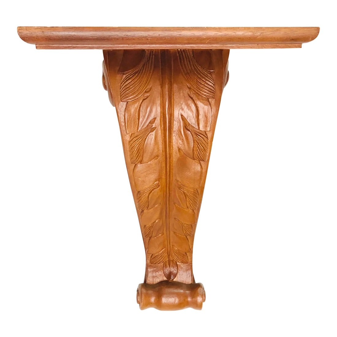 Vintage Hand Carved Acanthus Pattern Wood Wall Shelf / Bracket: Hand carved acanthus pattern wall display shelf. Platform measures a generous 12" wide x 7.5" deep x 14" high. Hanging brackets are attached. Condition: Alterations: Original Condition Unaltered