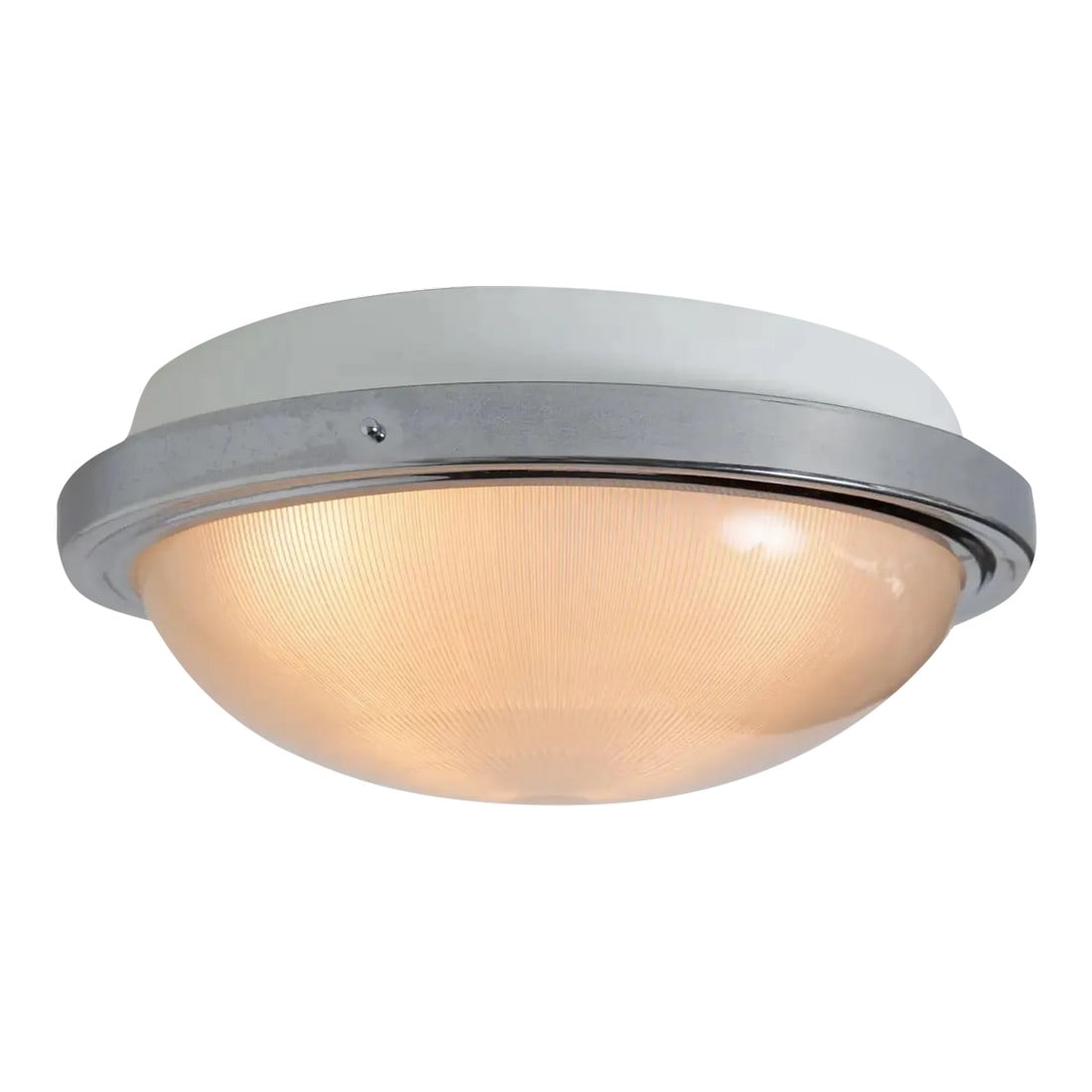 Large 1960s Sergio Mazza Glass and Metal Ceiling or Wall Lamp for Artemide: 1960s Sergio Mazza ceiling or wall light for Artemide. A Minimalist Italian design executed in chrome, white painted metal and pressed glass. Born in Italy in 1931, Sergio Mazza created numerous