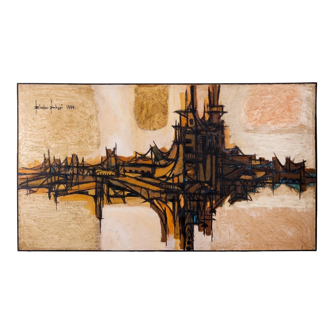 Rinaldo Paluzzi Mid Century Bridge Painting: Rinaldo Paluzzi (American-Spanish, 1927-2013) An oil on canvas featuring layers of impasto in warm earth tones with blacks and hints of blue, forming an abstract geometric bridge scene. The canvas is