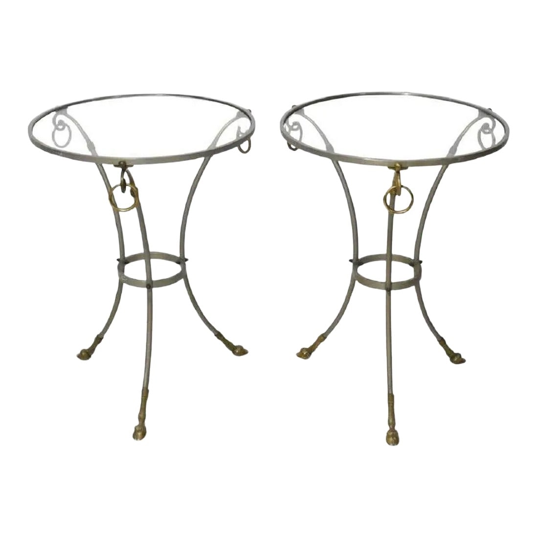 Italian Directoire Style Side Tables with Rams' Heads and Hoof Feet - A Pair: An Italian Directoire style vintage steel pair of side tables or gueridons from the mid 20th century, with brass rams' heads and hoofed feet. Created in Italy during the midcentury period, this side