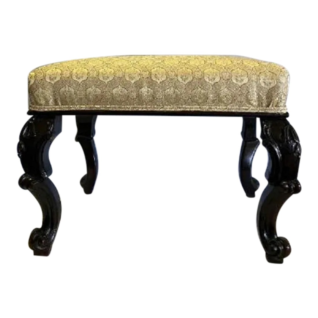 French Rosewood Upholstered Ebonized Stool- Circa 1850: Antique French rosewood ebonized stool with carved and interesting shaped legs ending in a scroll foot. The fabric true color is in the first few pictures. Condition: Alterations: Original Condition