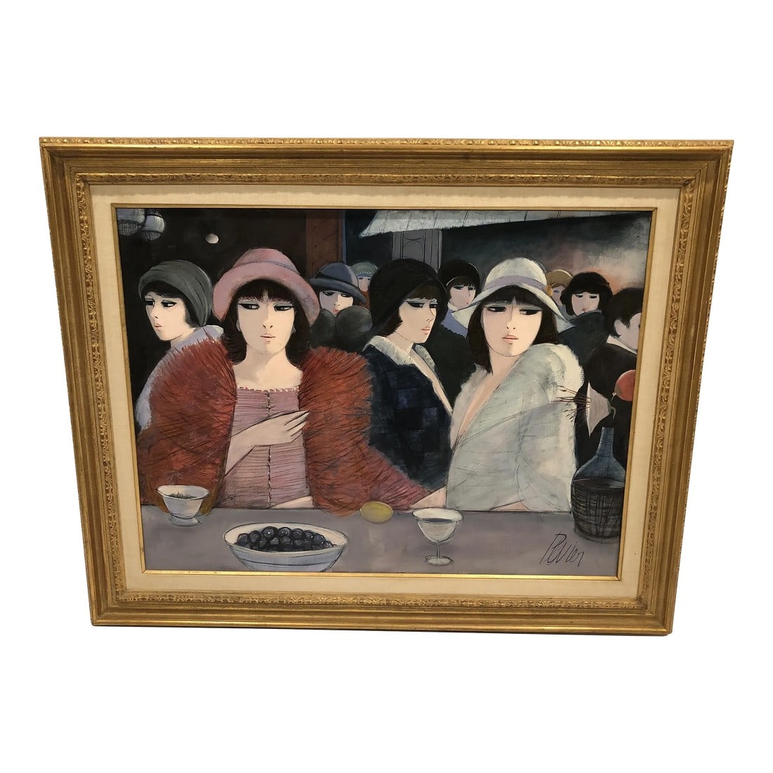 Painting by Charles Levier of Fashionable French Women in Hats: Charles Levier was born in 1920 in Corsica France and died in 2003. This incredible large painting is emblematic of his famous recognizable stylized female figures with hollow almost Asian eyes and