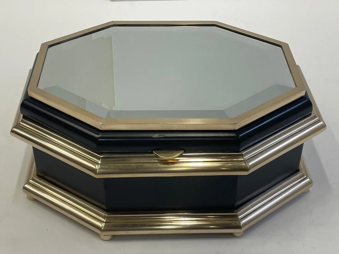 Chapman Black Laquer Brass & Mirrored Octagonal Oblong Treasure Box - 10