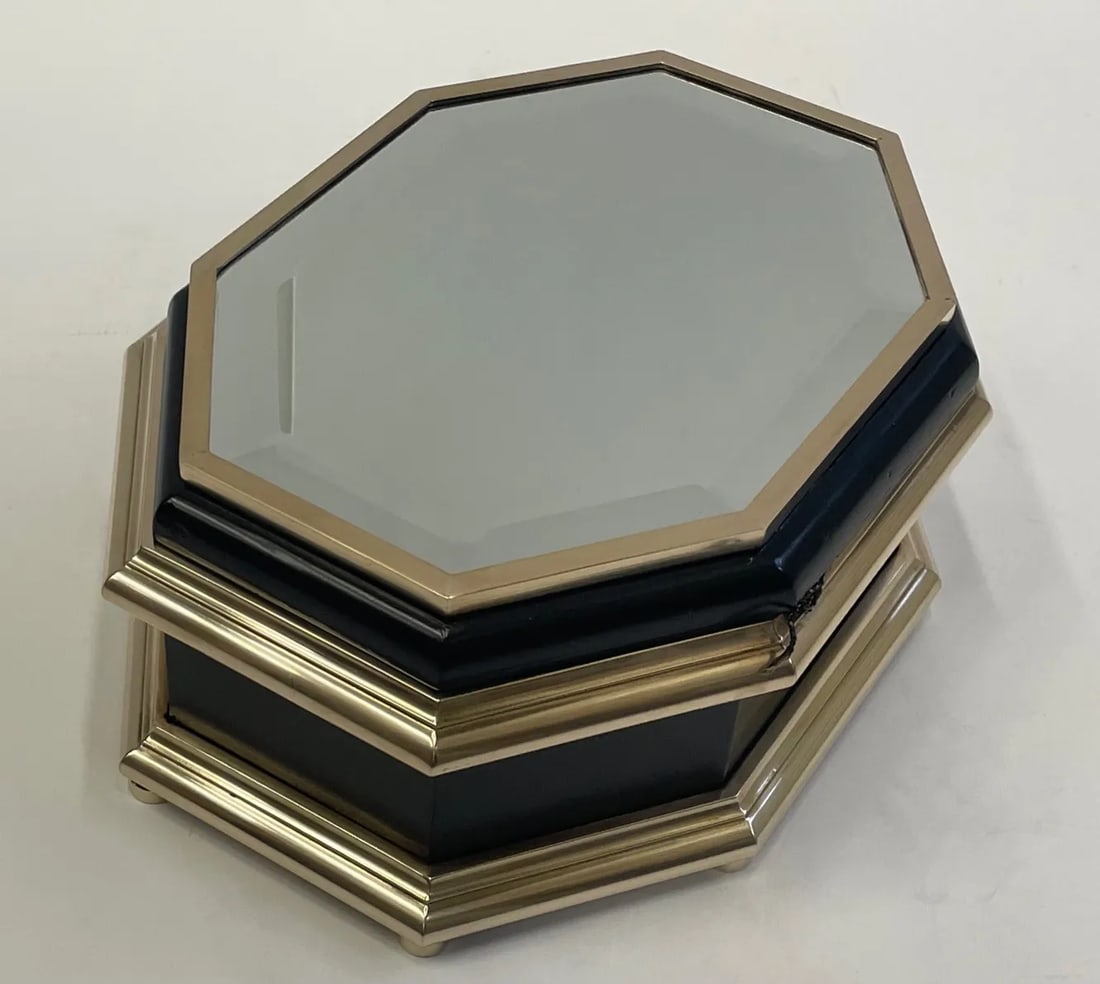 Chapman Black Laquer Brass & Mirrored Octagonal Oblong Treasure Box - 2