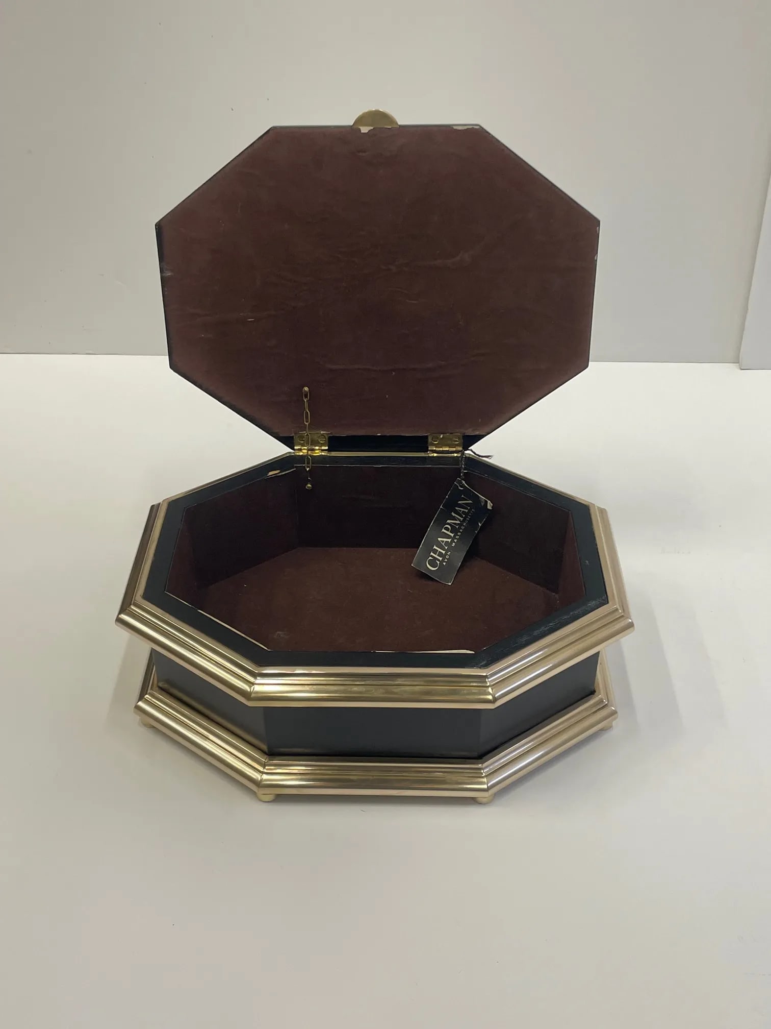 Chapman Black Laquer Brass & Mirrored Octagonal Oblong Treasure Box - 3