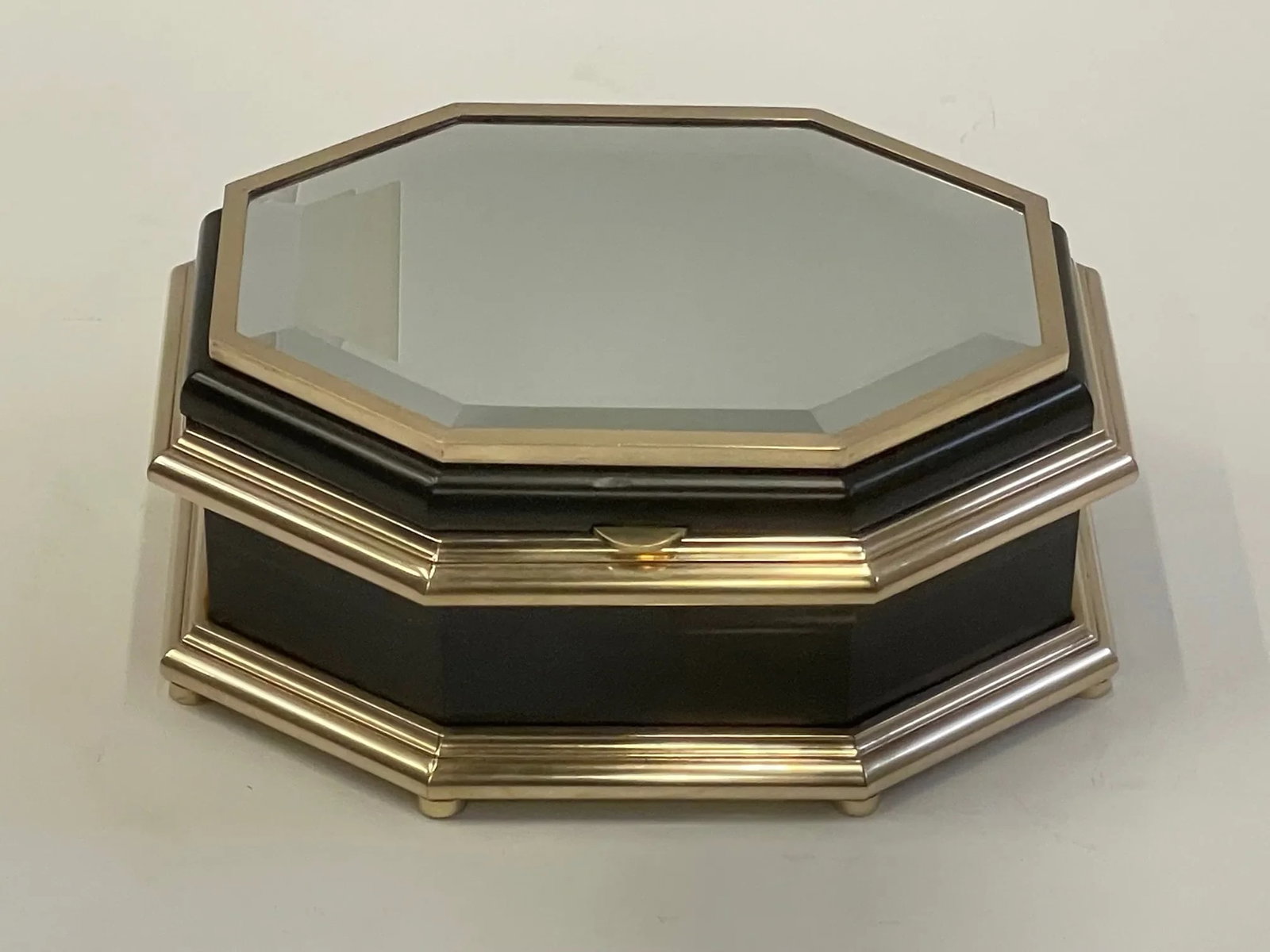 Chapman Black Laquer Brass & Mirrored Octagonal Oblong Treasure Box - 4