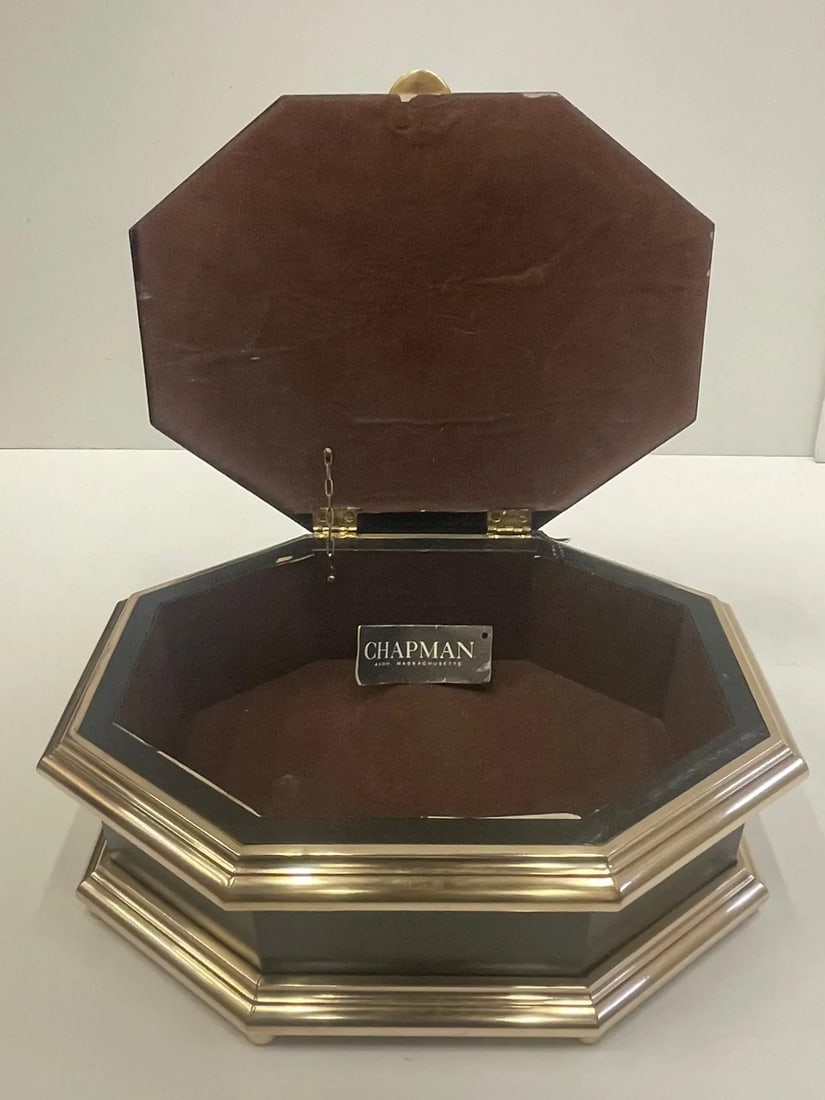 Chapman Black Laquer Brass & Mirrored Octagonal Oblong Treasure Box - 7