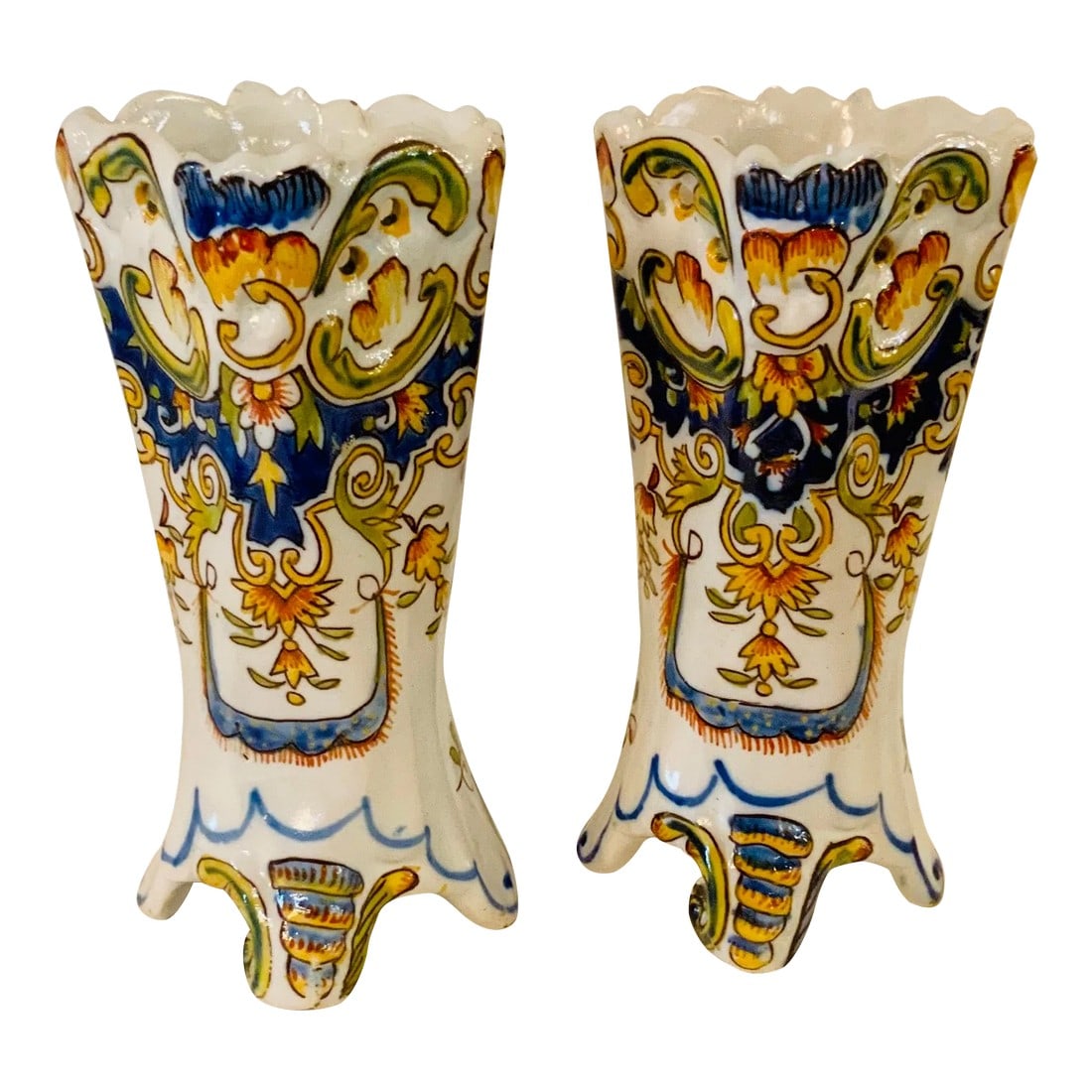 French Rouen Vases, 19th Century - Pair: Classic hand painted Rouen beauty in a pair! The footed design and filigree add interest to these timeless antique vases from Rouen, France. Condition: Alterations: Original Condition Unaltered