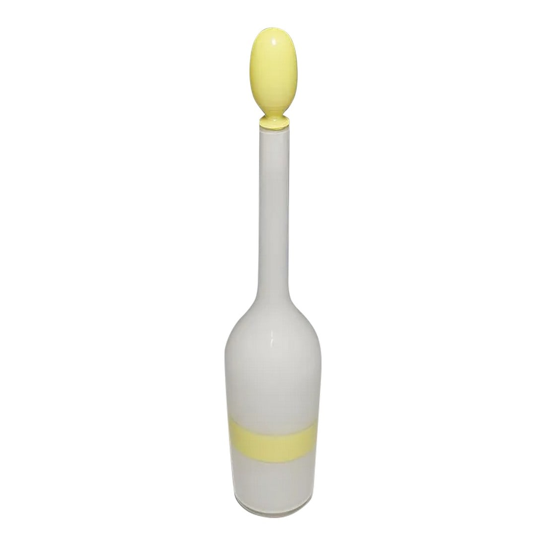 1950s Venini Art Glass Bottle With Fasce Decoration in Yellow, Murano: Venini Art Glass Bottle with Fasce Decoration in Yellow, Murano 1950s A large art glass bottle in white opaque glass with yellow stopper and a yellow "a fascia" band on the body as decoration. Manufac