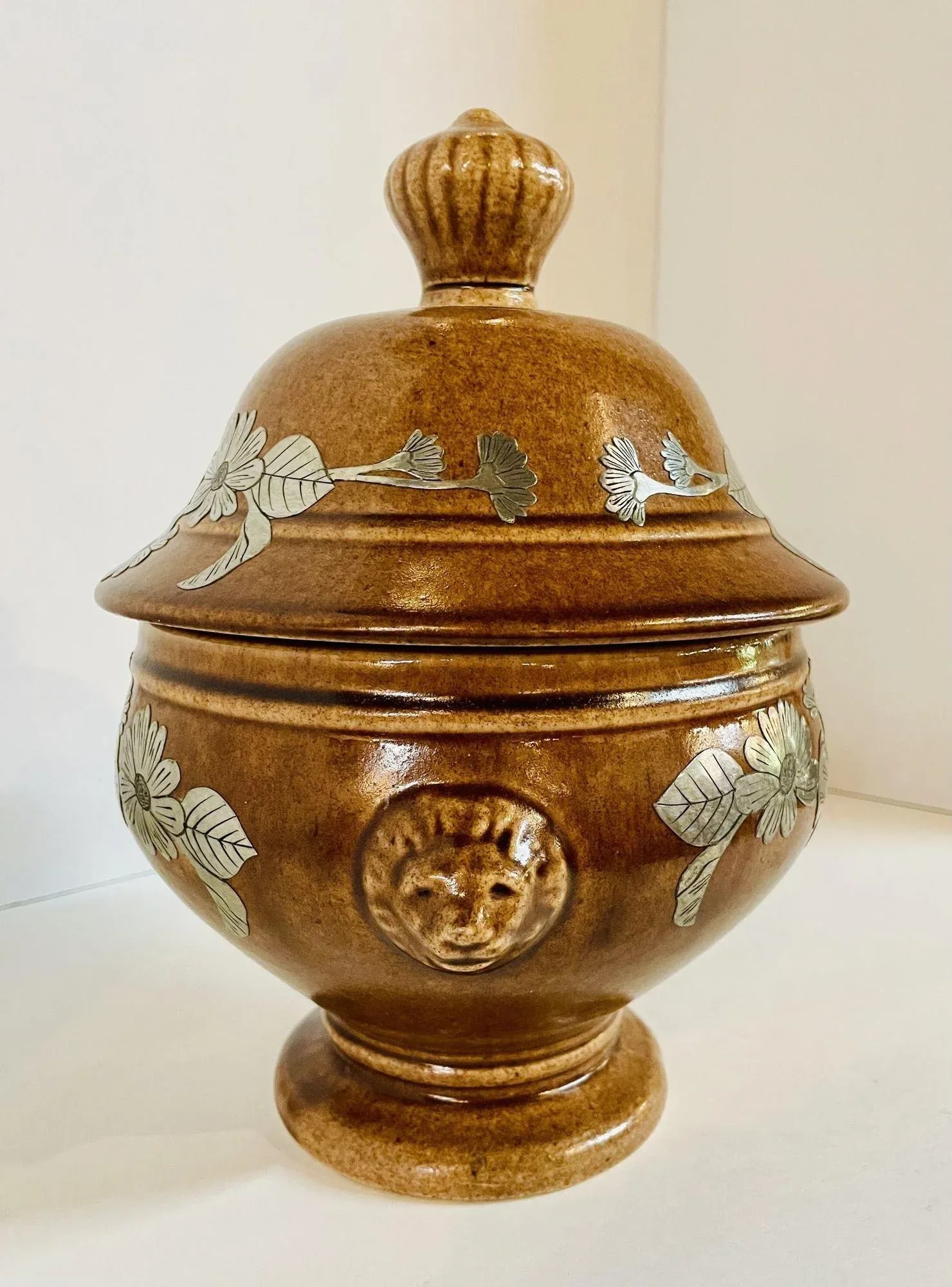 Mid Century Pottery Urn With Metal Accents - 2