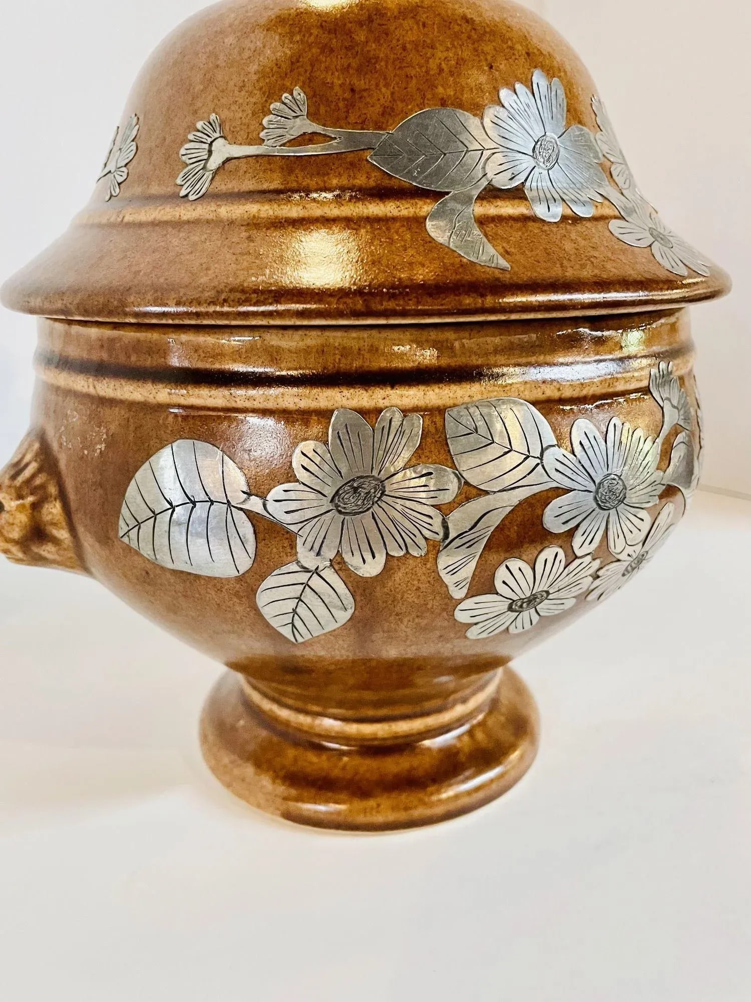 Mid Century Pottery Urn With Metal Accents - 3