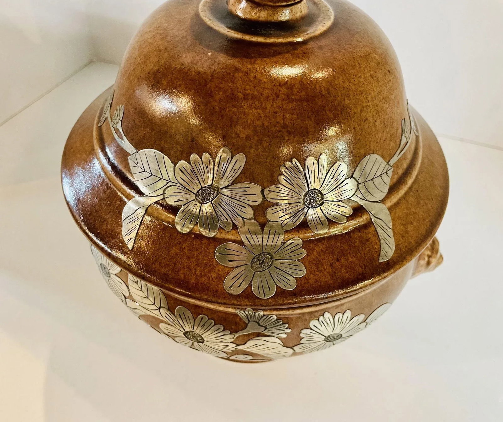 Mid Century Pottery Urn With Metal Accents - 4