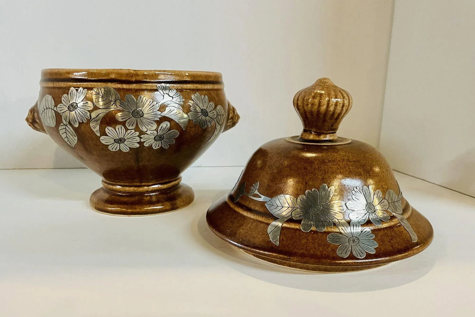 Mid Century Pottery Urn With Metal Accents - 6
