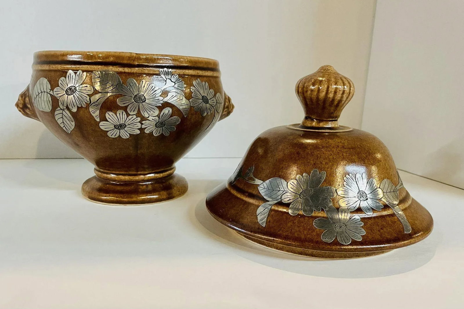 Mid Century Pottery Urn With Metal Accents - 7