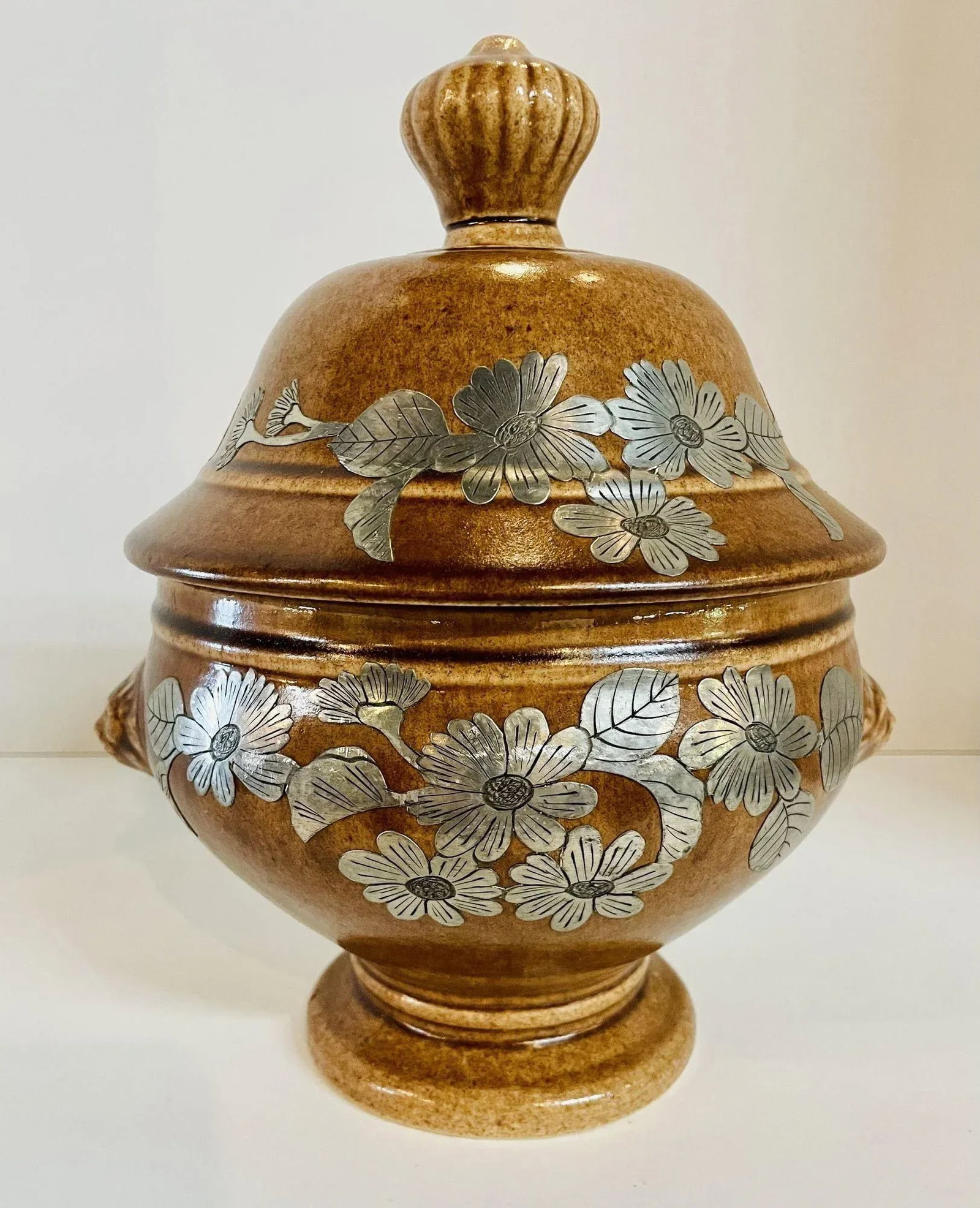 Mid Century Pottery Urn With Metal Accents - 8