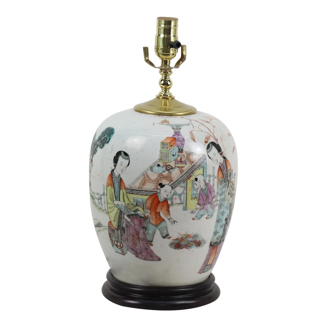 Chinese Antique Famille Rose Porcelain Vase Table Lamp: Chinese antique famille rose porcelain vase table lamp. The front of the vase is painted with two women and two children playing, and there are traditional Chinese characters on the back, with