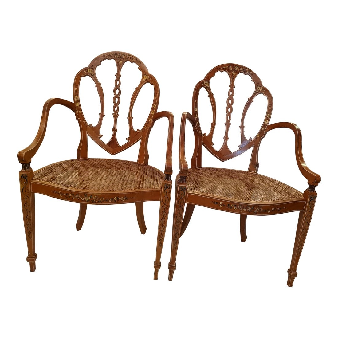 Adams Style Armchairs With Caned Seats -A Pair: Lovely pair of Adam style hand painted armchairs having open delicate shield shaped backs and caned seats Condition: Alterations: Original Condition Unaltered Imperfections: Some Imperfections