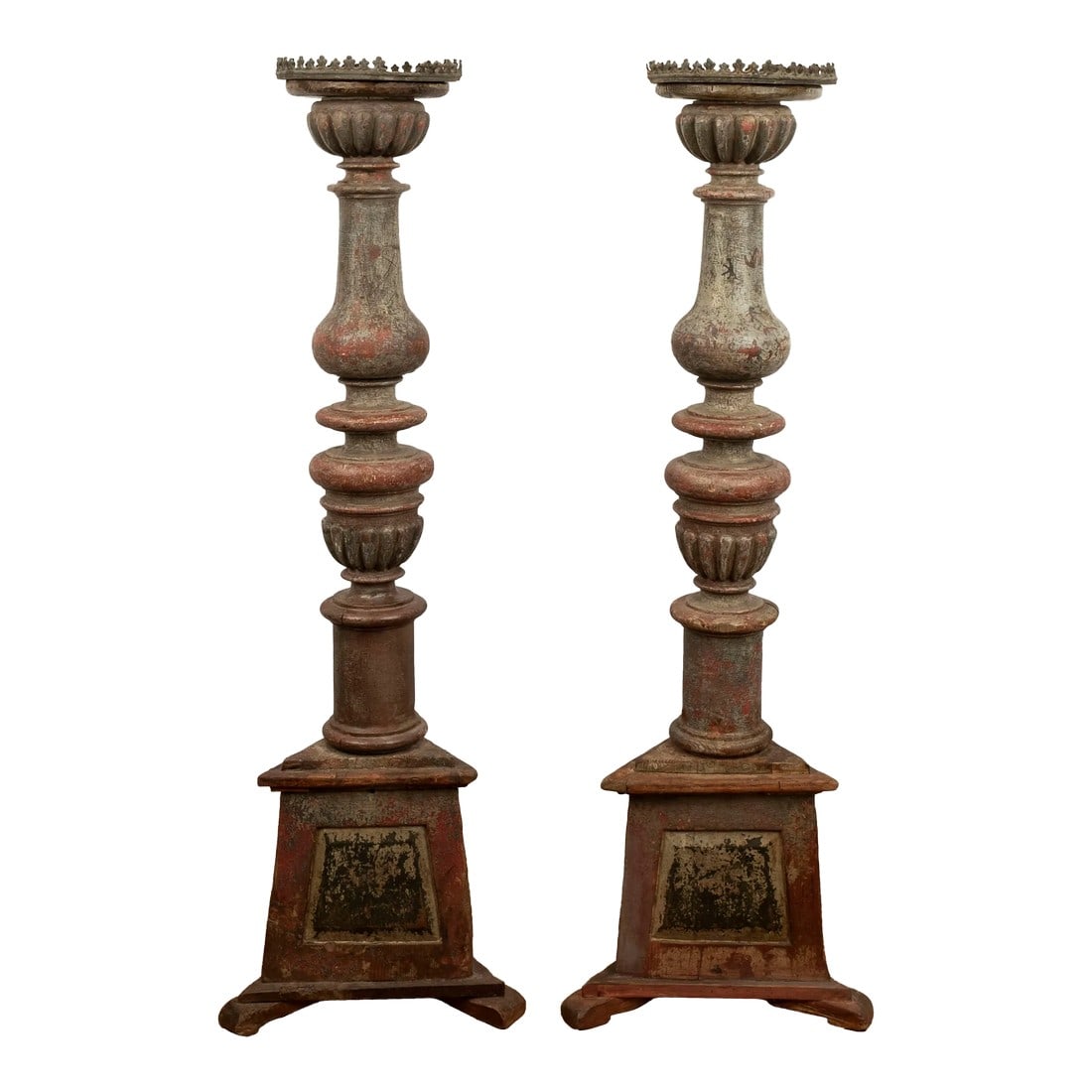 Pair of 18th Century Italian Torchères: Pair Of 18th Century Italian Torchères. This Stunning Pair Of Italian Baroque Torchieres, Candle Stands, Candlesticks, Columns Or Pedestals Are Tuscan In Origin And Have A Pierced Iron Gallery At
