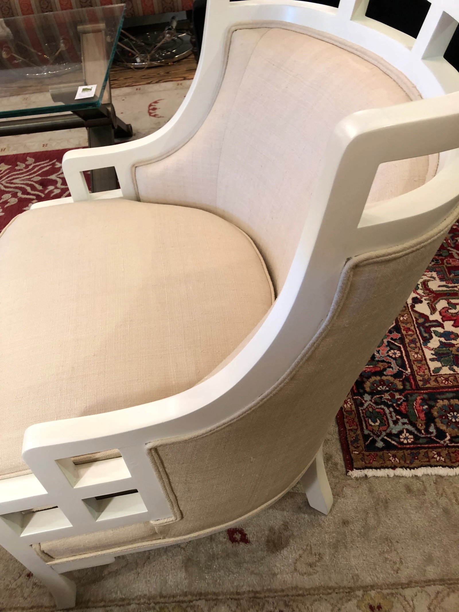 White Painted Barrel Back Club Chairs Upholstered in Linen -A Pair - 10