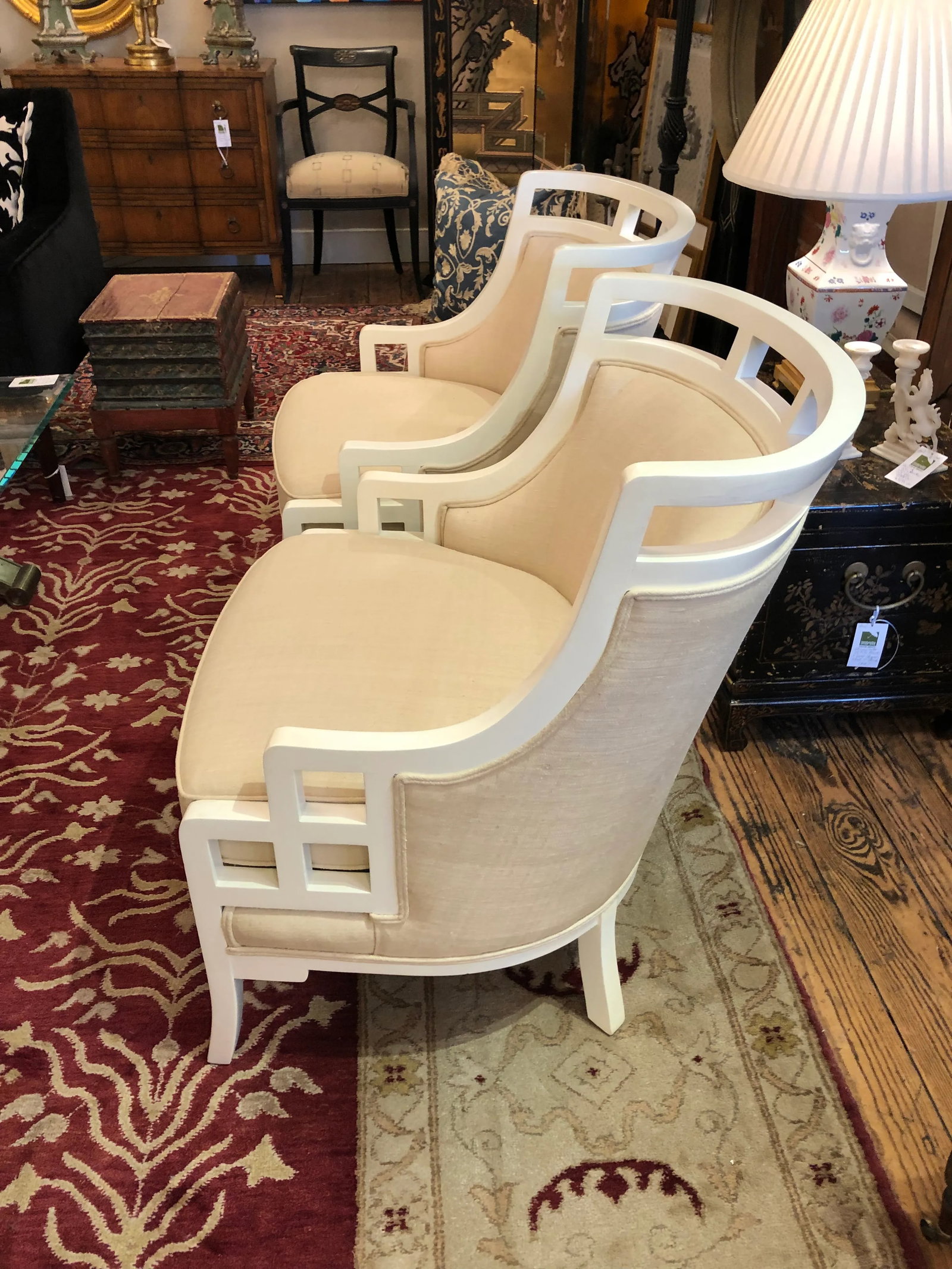 White Painted Barrel Back Club Chairs Upholstered in Linen -A Pair - 11