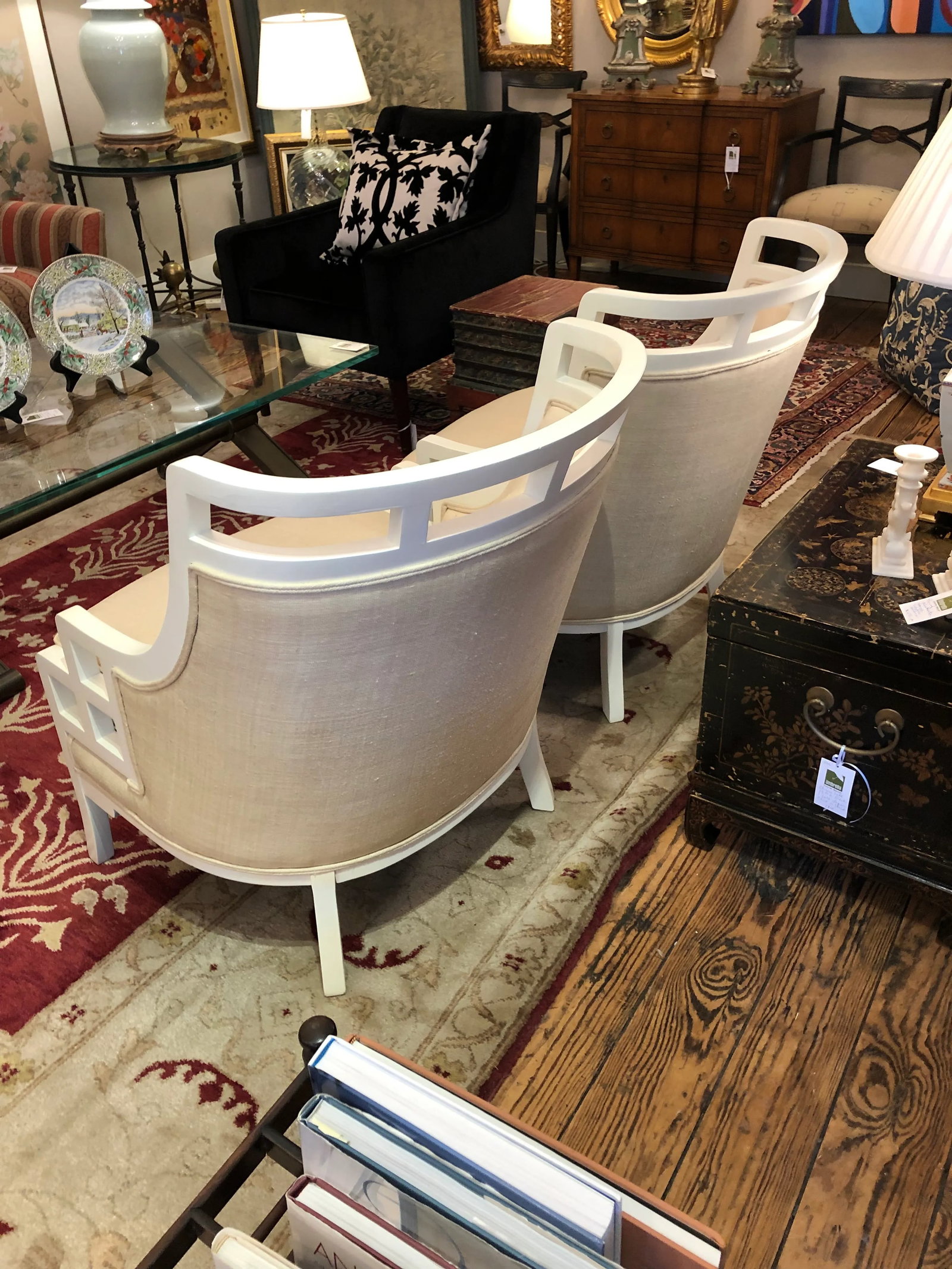 White Painted Barrel Back Club Chairs Upholstered in Linen -A Pair - 12