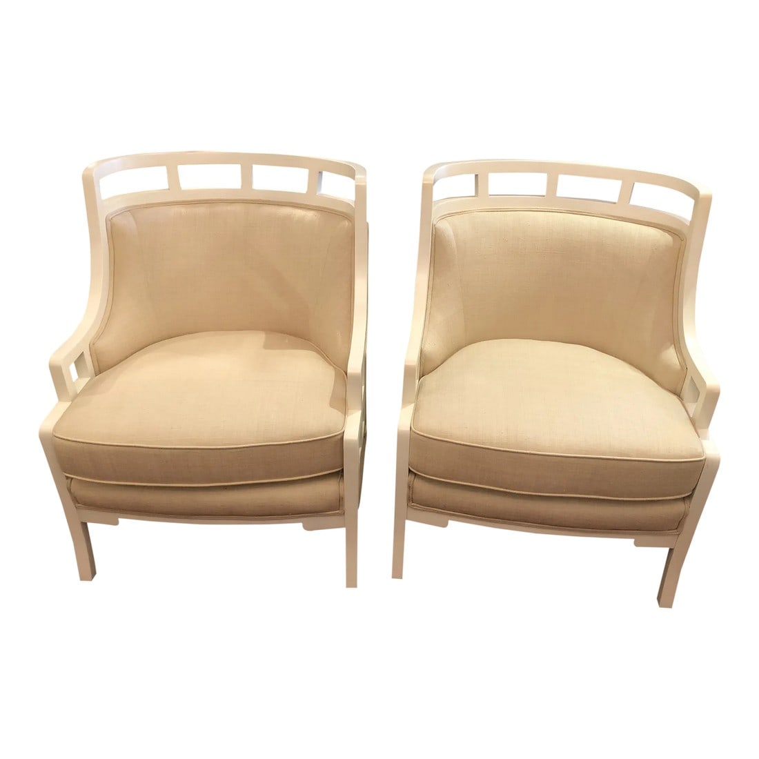 White Painted Barrel Back Club Chairs Upholstered in Linen -A Pair: Chic pair of curved barrel back Hollywood Regency club chairs, newly transformed with white paint and natural linen upholstery. Condition: Alterations: Original Design Modified Imperfections: Some