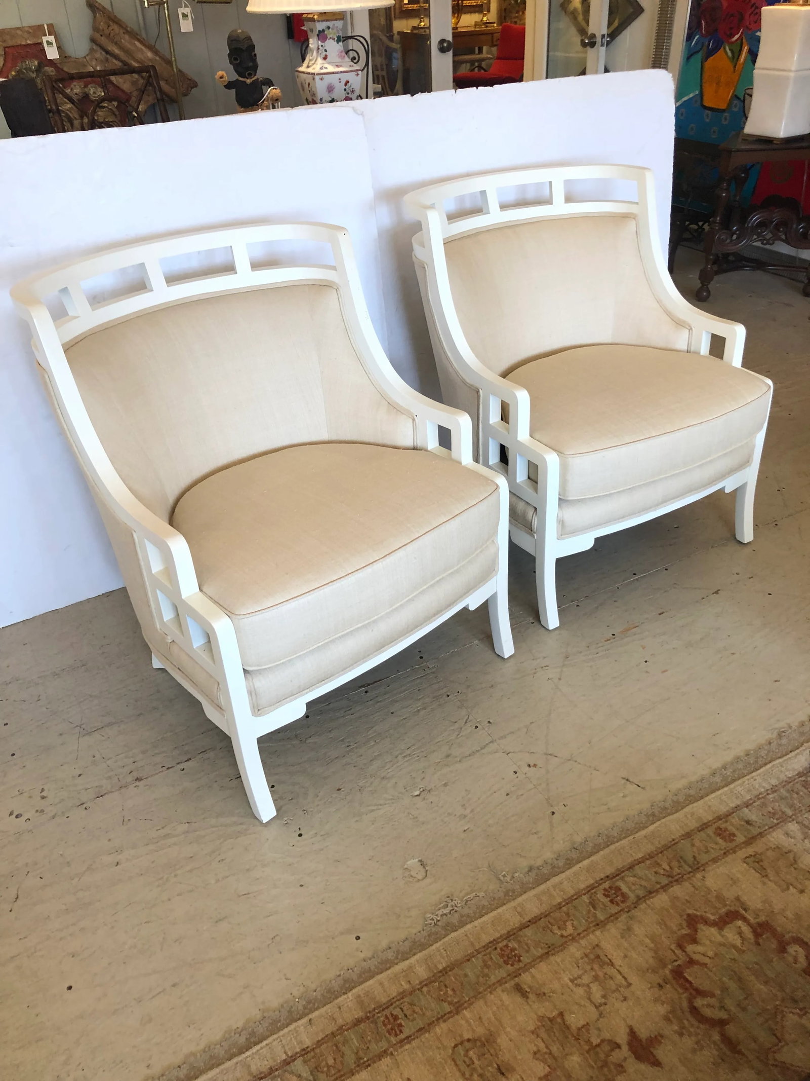 White Painted Barrel Back Club Chairs Upholstered in Linen -A Pair - 2